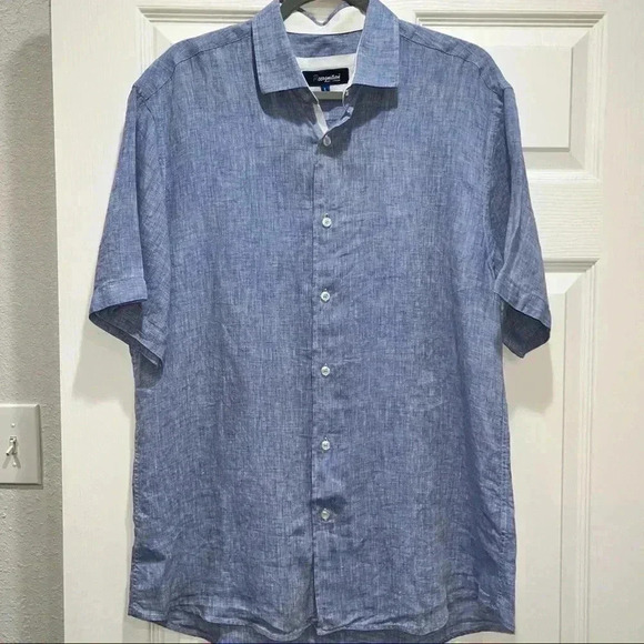 Recognition 100% Linen Mens Blue button down short sleeve shirt ❤️ - Picture 3 of 8